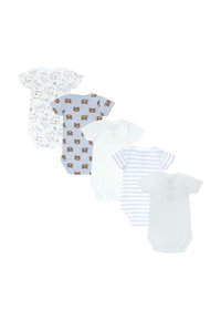 Pět kojeneckých body: bílé s vzory, světle modré s tisky medvídků, jednobarevné bílé a modré pruhované vzory; jemný bavlněný materiál.