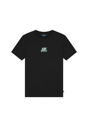 Zwart T-shirt met korte mouwen met een lichtblauw "BL Ballin'"-logo gecentreerd op de borst en een klein zijlabel op de zoom.