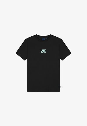 Zwart T-shirt met korte mouwen met een lichtblauw "BL Ballin'"-logo gecentreerd op de borst en een klein zijlabel op de zoom.