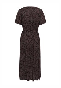 Schwarzes Kleid mit einem floralen Muster in Dunkelbraun, mit kurzen Ärmeln und einem Taillengurt. Fällt bis zur Mitte der Waden und hat eine lockere Passform.