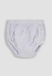 Shorts bloomer pour bébé en tissu léger rayé violet clair et blanc, avec une taille élastique froncée.