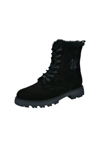Schwarze Wildleder-Stiefeletten verfügen über einen Kunstfellbesatz, eine runde Zehenpartie und eine Schnürung. Die Gummisohle hat ein strukturiertes Griffdesign.