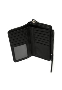 Black leather wallet opened to reveal multiple card slots, a transparent ID window, and a zippered compartment. Smooth texture and minimal design.