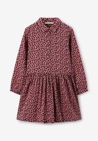 Robe en imprimé léopard rose avec un col, des manches longues, des boutons sur le devant et une jupe froncée. Fabriquée en tissu doux.