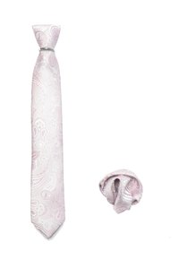 Light pink paisley tie with a smooth texture, featuring intricate patterns. Accompanied by a matching pocket square, neatly rolled.