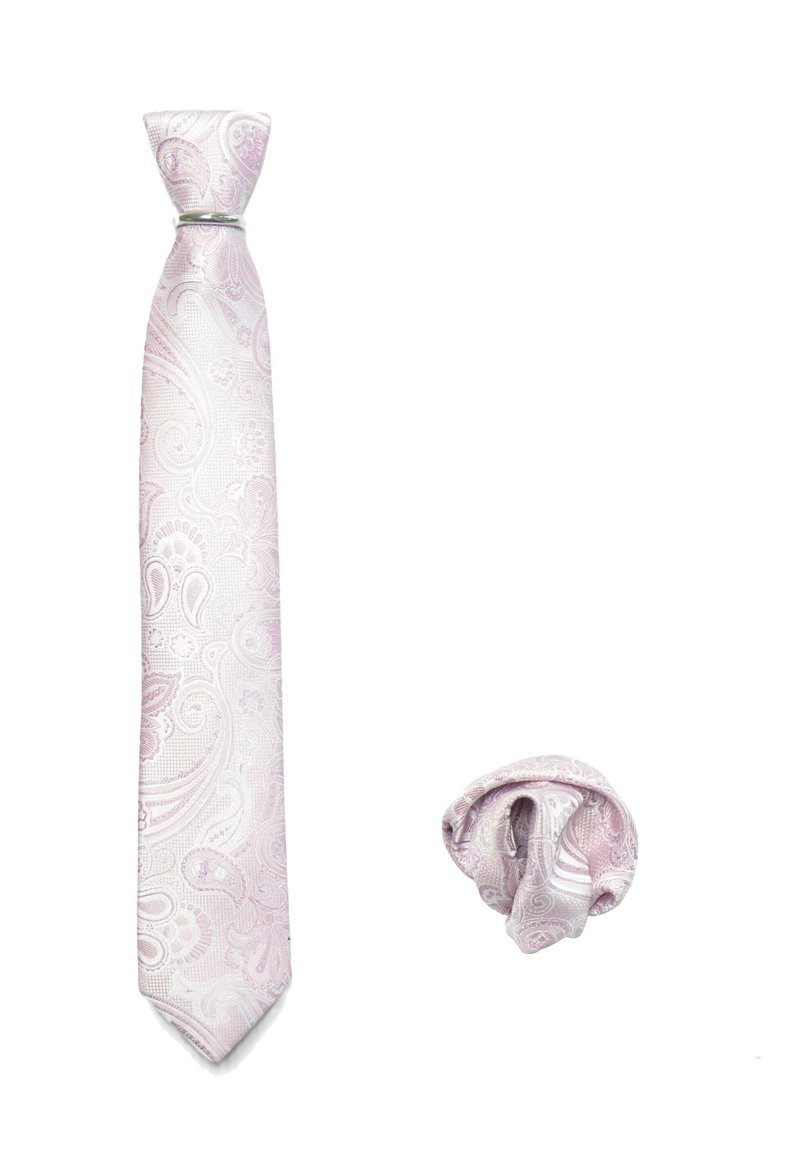 Light pink paisley tie with a smooth texture, featuring intricate patterns. Accompanied by a matching pocket square, neatly rolled.