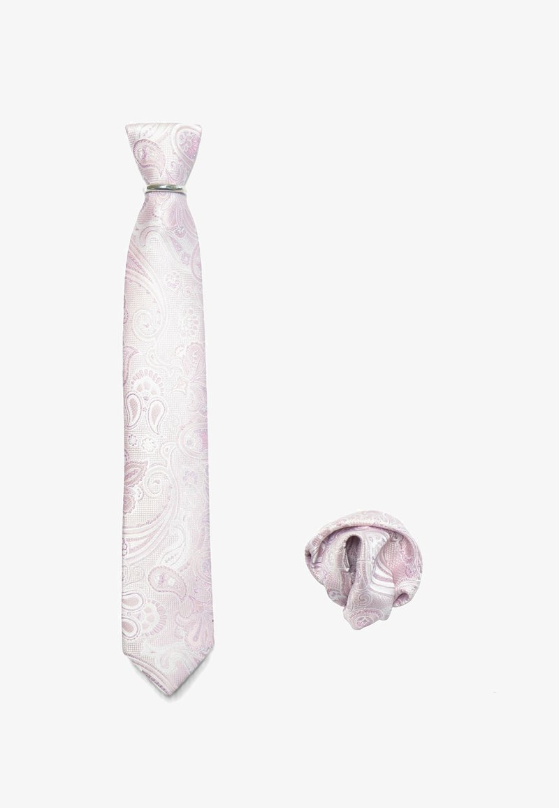 Light pink paisley tie with a smooth texture, featuring intricate patterns. Accompanied by a matching pocket square, neatly rolled.