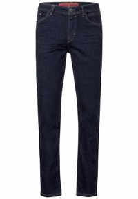 Vaqueros de mezclilla azul oscuro con un corte ajustado, que cuentan con cinco bolsillos, una cremallera en la bragueta y detalles de costuras amarillas en contraste.