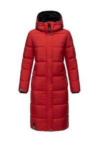 Red padded long coat with a hood, featuring a zip closure, two side pockets, and a smooth, shiny texture. Black lining and logo detail.
