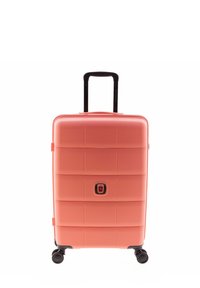Valigia rigida rosa corallo, con scanalature orizzontali, cerniera centrale, lucchetto a combinazione e quattro ruote girevoli.