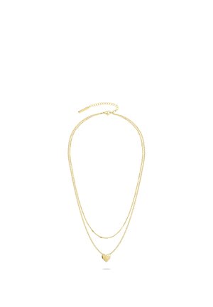 Doppellagige Goldkette mit kleinem geometrischem Herzanhänger an der unteren Kette und verstellbarem Verschluss.
