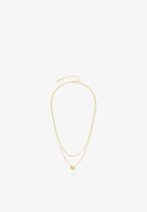 Doppellagige Goldkette mit kleinem geometrischem Herzanhänger an der unteren Kette und verstellbarem Verschluss.