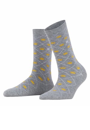 Chaussettes en coton grises avec un motif de couronnes jaunes et de formes géométriques blanches. Texture lisse avec un design mi-mollet.