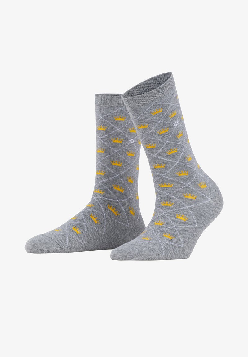 Szare bawełniane skarpetki z wzorem żółtych koron i białych kształtów geometrycznych. Gładka tekstura i długość do połowy łydki.