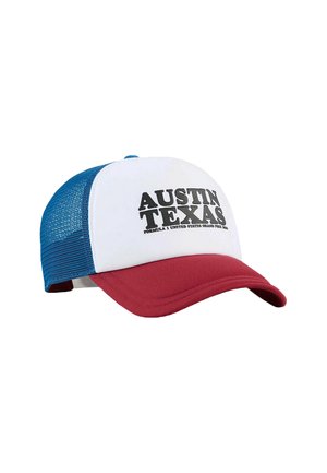 Biała czapka bejsbolowa z niebieskimi siateczkowymi bokami i czerwonym daszkiem, z napisem "AUSTIN TEXAS" oraz szczegółem "FORMULA 1 UNITED STATES GRAND PRIX 2022".