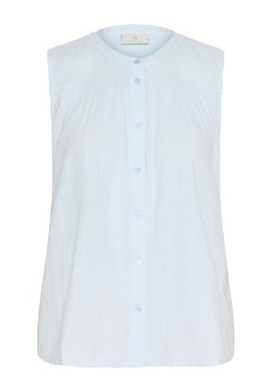 Hele sinine ilma varrukateta pluus ümmarguse kaelusega, ees nupuvajutusega ja rinnaosas plisseeritud detailidega. Pehme, tekstuuriga kangas.