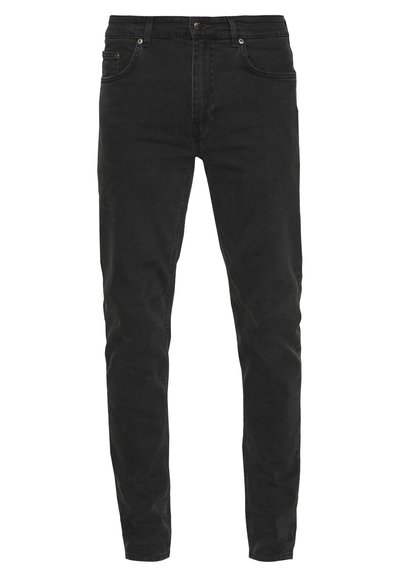 Jeans noirs ajustés en denim. Possède cinq poches, fermeture à bouton à l'avant et une finition propre sans usure ni détérioration visible.