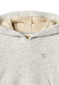 Világosszürke kapucnis pulóver bézs belső kapucnis béléssekkel, kis hímzett logó a mellkason, valamint j ól látható kenguru zseb varrás.
