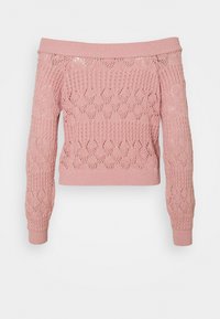 Off-the-shoulder pink knitted sweater featuring a textured pattern, ribbed cuffs and hem, and a cropped design with long sleeves.