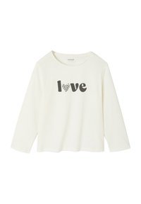 White long-sleeve T-shirt made from soft fabric featuring the word "love" in black, with the letter "o" styled as a heart in a leopard print.