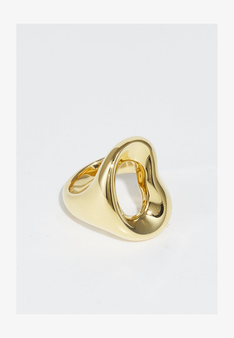 Kullaketju, jolla on sileä, kiiltävä pinta, ja orgaaninen muoto, joka sisältää leikkuukohdan yksityiskohdan, korostaen modernia muotoilua.