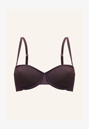 Bøjle-bh i dyb lilla med glat, tekstureret stof. Har justerbare stropper og guldfarvede metaldetaljer.