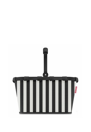 Foldable black and white vertical striped shopping basket with a single black handle and red brand tag on the side.