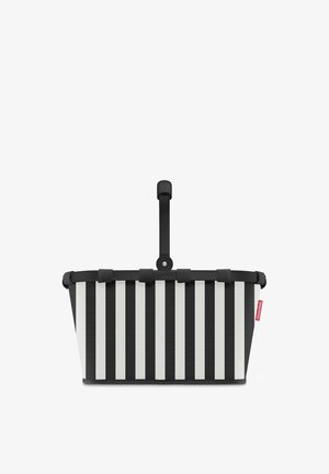 Faltbarer schwarz-weiß gestreifter Einkaufskorb mit einem einzelnen schwarzen Griff und rotem Markenzeichen an der Seite.