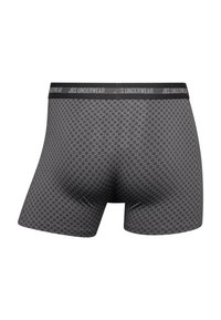 Boxers grises con un patrón a cuadros, cinturilla elástica etiquetada "JBS UNDERWEAR", hechos de una tela elástica para mayor comodidad.