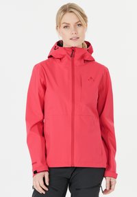 Red waterproof jacket with a hood, featuring a front zip closure, adjustable cuffs, and logo detail on the chest. Smooth fabric texture.