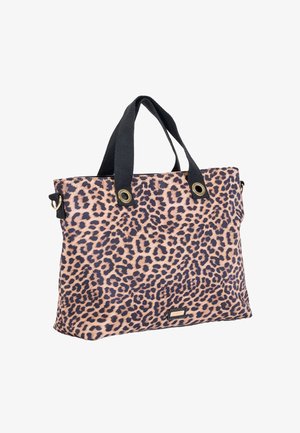 Leopardprintet mulepose med sorte stofhåndtag og gyldne metalkrymper designet til at bære essentielle ting.