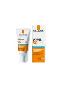 Sunscreen in a white tube with orange accents, featuring a pump dispenser. Box displays product details in German. Contains 50ml.