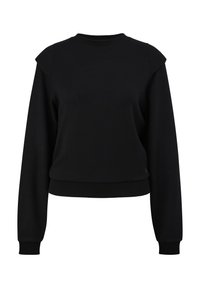 Sweat-shirt noir à manches longues avec poignets côtelés, encolure ras du cou, et détails subtils sur les épaules, présenté sur un fond blanc.