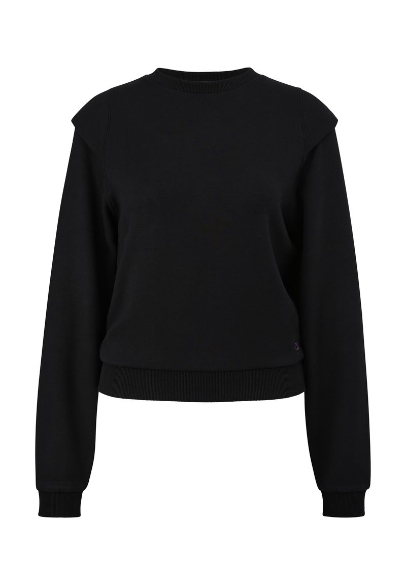 Sweat-shirt noir à manches longues avec poignets côtelés, encolure ras du cou, et détails subtils sur les épaules, présenté sur un fond blanc.