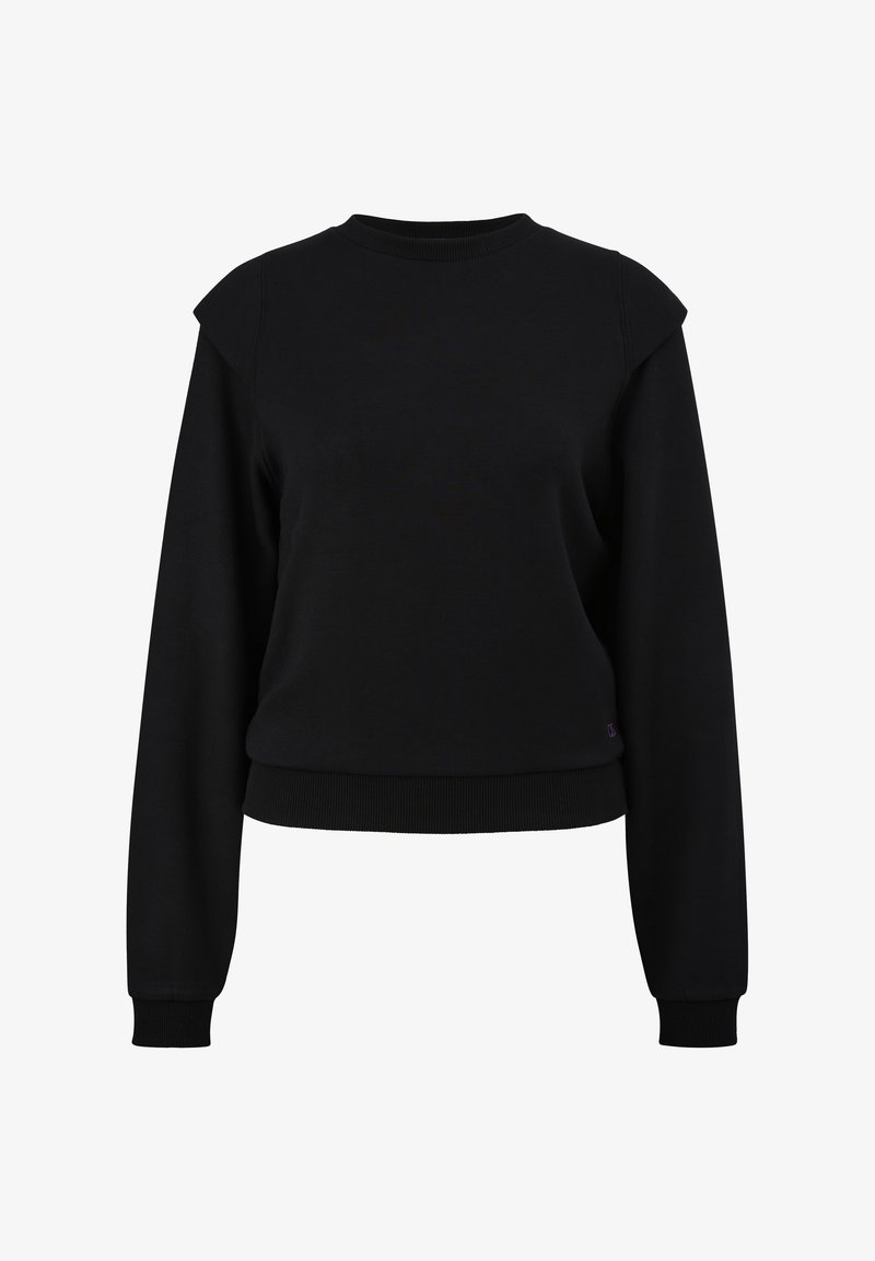 Sweat-shirt noir à manches longues avec poignets côtelés, encolure ras du cou, et détails subtils sur les épaules, présenté sur un fond blanc.