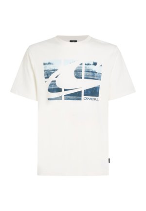 Witte katoenen t-shirt met een blauw abstract grafisch ontwerp over de borst, met de tekst "O'Neill" in blauw aan de onderkant. Korte mouwen.