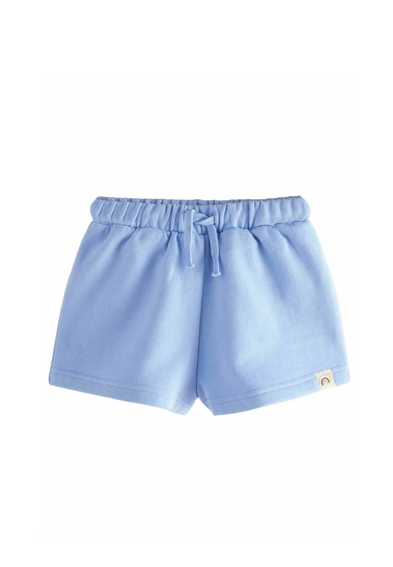 Lyseblå bomuldsshorts med elastisk talje, snøre og et lille logomærke med en regnbueaccent i kanten.