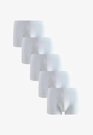 Valged puuvillased bokserid, millel on mugav vöökoht ja sile tekstuur. Viis paari üksteise peal reas, näidates esikülge.