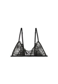 Soutien-gorge en dentelle noire avec des bonnets triangulaires à motifs floraux, des bretelles réglables et un détail en lanières avec une fermeture à crochet à l'avant.