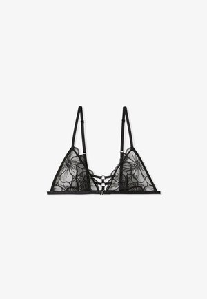 Black lace bralette featuring triangular cups with floral patterns, adjustable straps, and a strappy detail with a hook closure at the front.