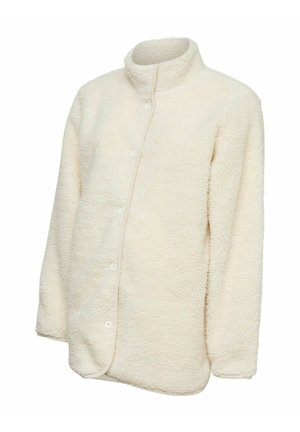 Fløjlsjakke i cremefarve med lange ærmer, knapper foran og høj krave, lavet af blødt, struktureret sherpa-materiale.