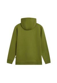 Felpa verde con tessuto testurizzato, cappuccio con coulisse, maniche lunghe e vestibilità rilassata. Mostra la vista posteriore senza loghi visibili.