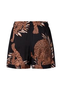 Leopardenmuster-Shorts mit schwarzem Hintergrund, braunem Leopardenmuster, einem elastischen Bund und einer lässigen Passform mit seitlichen Akzenten.
