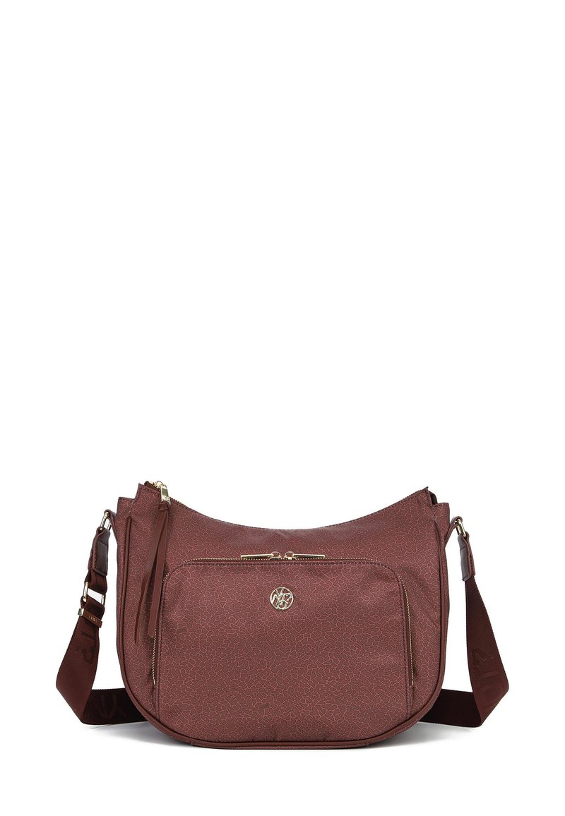 Borsa a tracolla color bordeaux con superficie testurizzata, hardware dorato, scomparto principale con zip e tasca frontale; tracolla regolabile con dettaglio del logo.