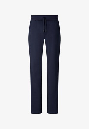 Marineblauwe casual broek met elastische tailleband en trekkoord, rechte pijp, gemaakt van zachte stof.