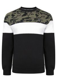Zwarte trui met een bovenstuk in camouflagepatroon, een witte middelste band en een effen zwarte onderste sectie; gemaakt van zacht katoen.