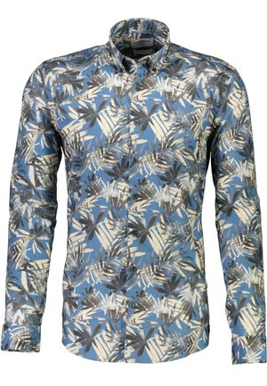 Langærmet skjorte med knapper lavet af let stof, der har en blå baggrund med sort og hvidt bladmønster og grå knapper.