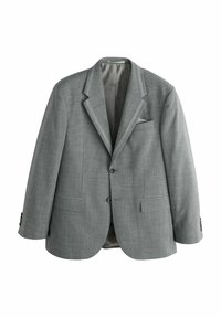 Sacou gri texturat cu rever cu crestătură, două buzunare frontale și un buzunar la piept. Are închideri cu nasturi și o căptușeală interioară netedă.