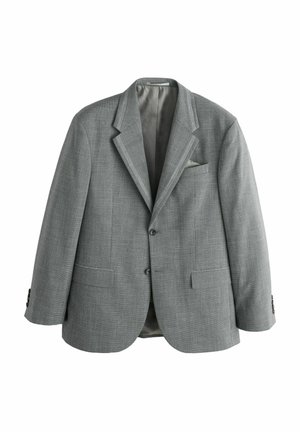 Pelēks teksturēts žakete ar nešūtiem apģērba atloki, divām priekšējām kabatām un vienu krūšu kabatu. Aprīkota ar pogu aizdari un gludu iekšējo oderi.