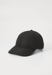 Black baseball cap featuring a textured pattern, curved brim, and round top button. Made from lightweight fabric with a classic design.